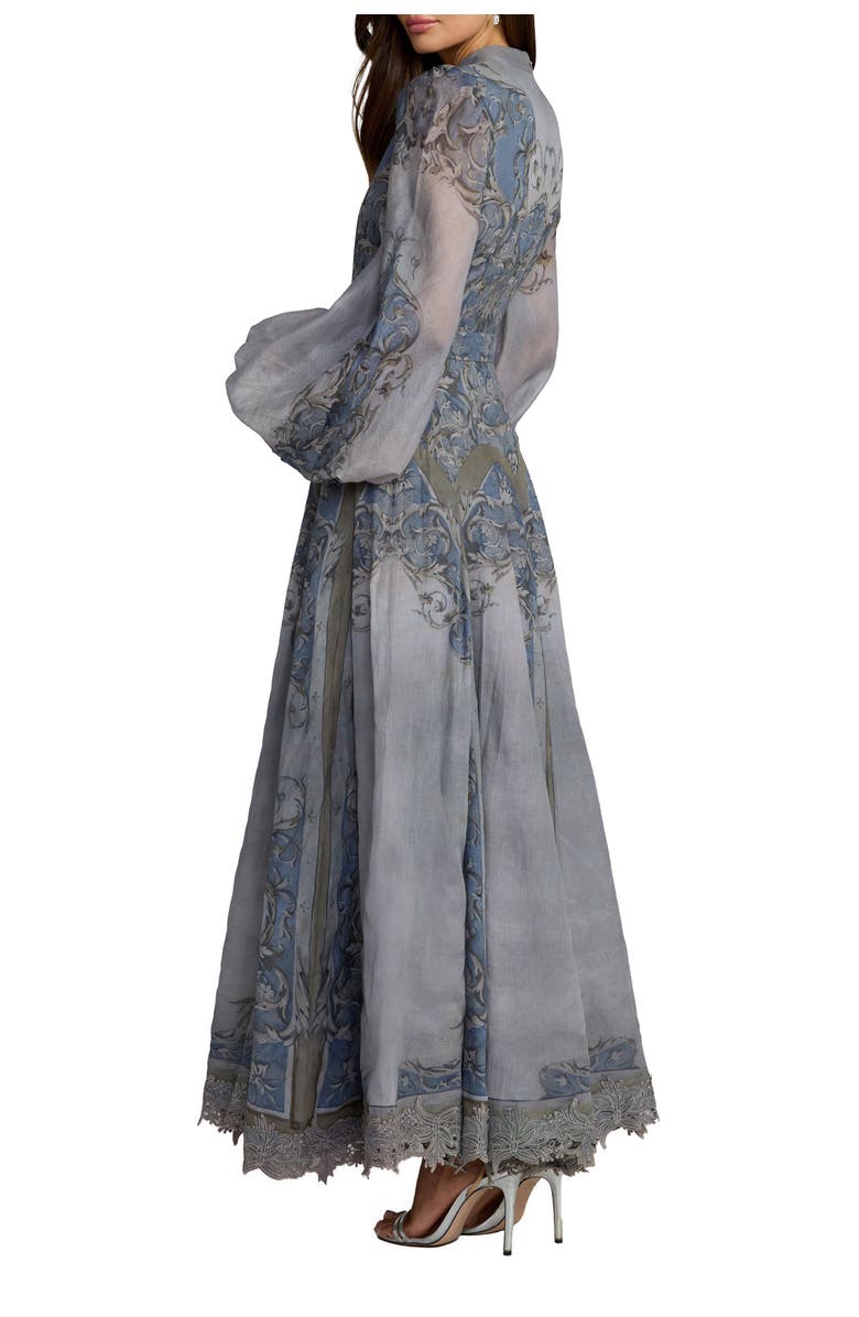 Mac Duggal Petite Baroque Print Bishop Sleeve A-Line Ankle Dress, Alternate, color, Slate Blue