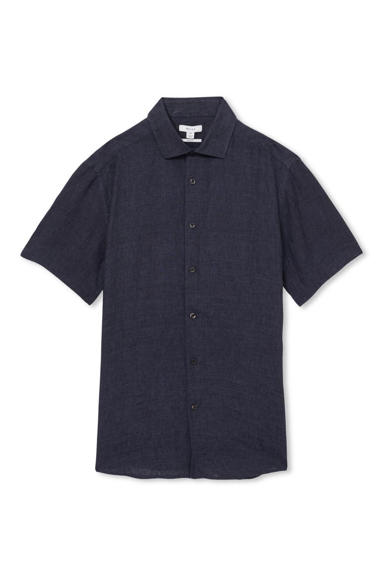 Holiday Short Sleeve Linen Button-Up Shirt, Alternate, color, NAVY
