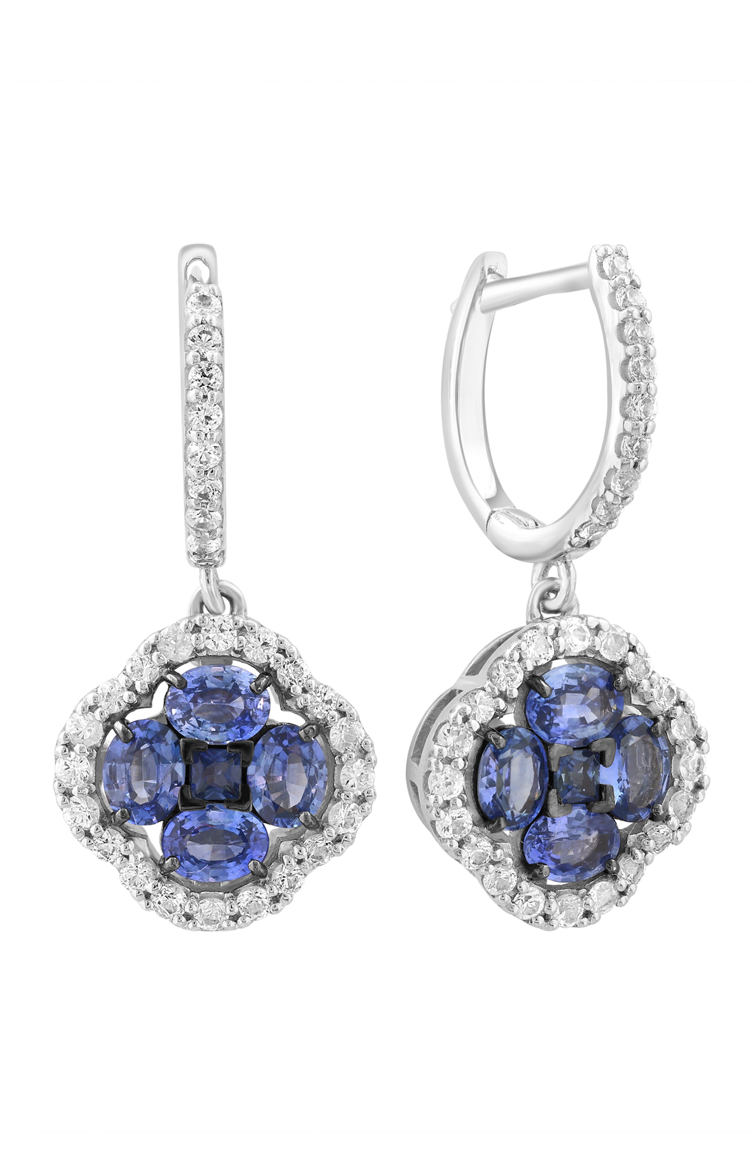 Effy Sterling Silver Blue & White Sapphire Quatrefoil Drop Huggie Hoop Earrings