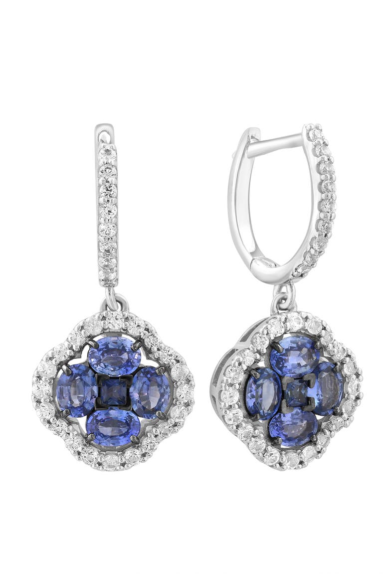 Sterling Silver Blue & White Sapphire Quatrefoil Drop Huggie Hoop Earrings, Main, color, BLUE