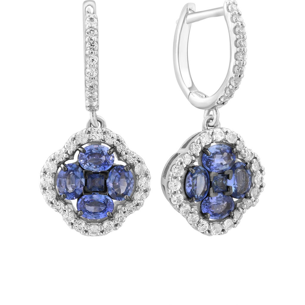 Effy Sterling Silver Blue & White Sapphire Quatrefoil Drop Huggie Hoop Earrings