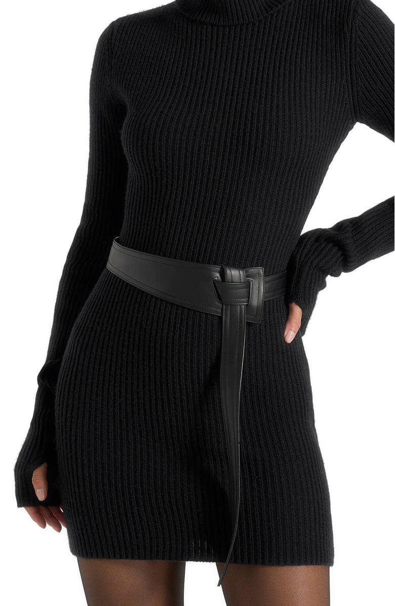 Manière De Voir Kalia Roll Neck Knitted Mini Dress With Belt, Alternate, color, Black