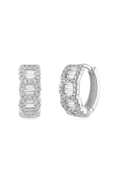 Baguette and Pave CZ Huggie Hoops