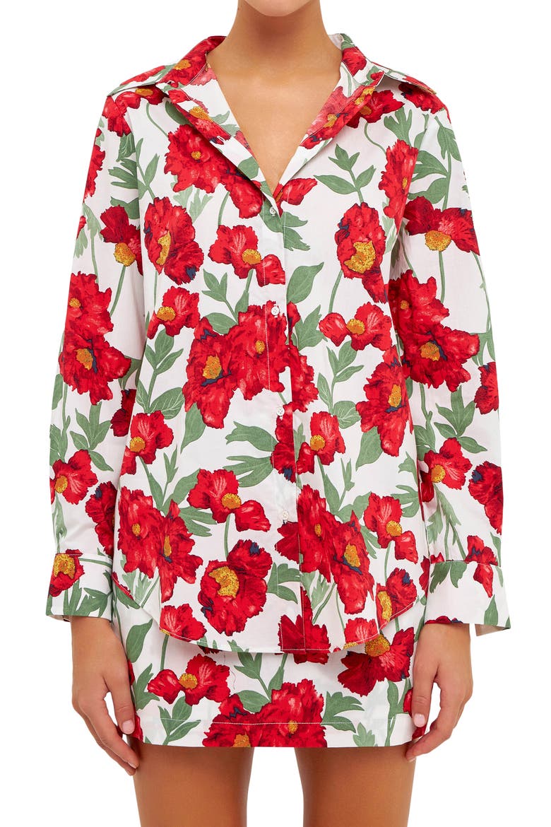 Floral Cotton Button-Up Shirt, Alternate, color, WHITE/ RED