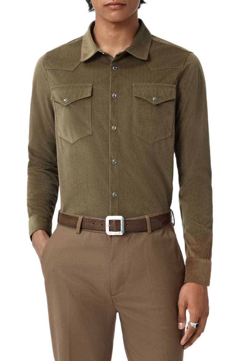 Andres Western Herringbone Faux Suede Snap-Up Shirt, Main, color, FOSSIL GREY