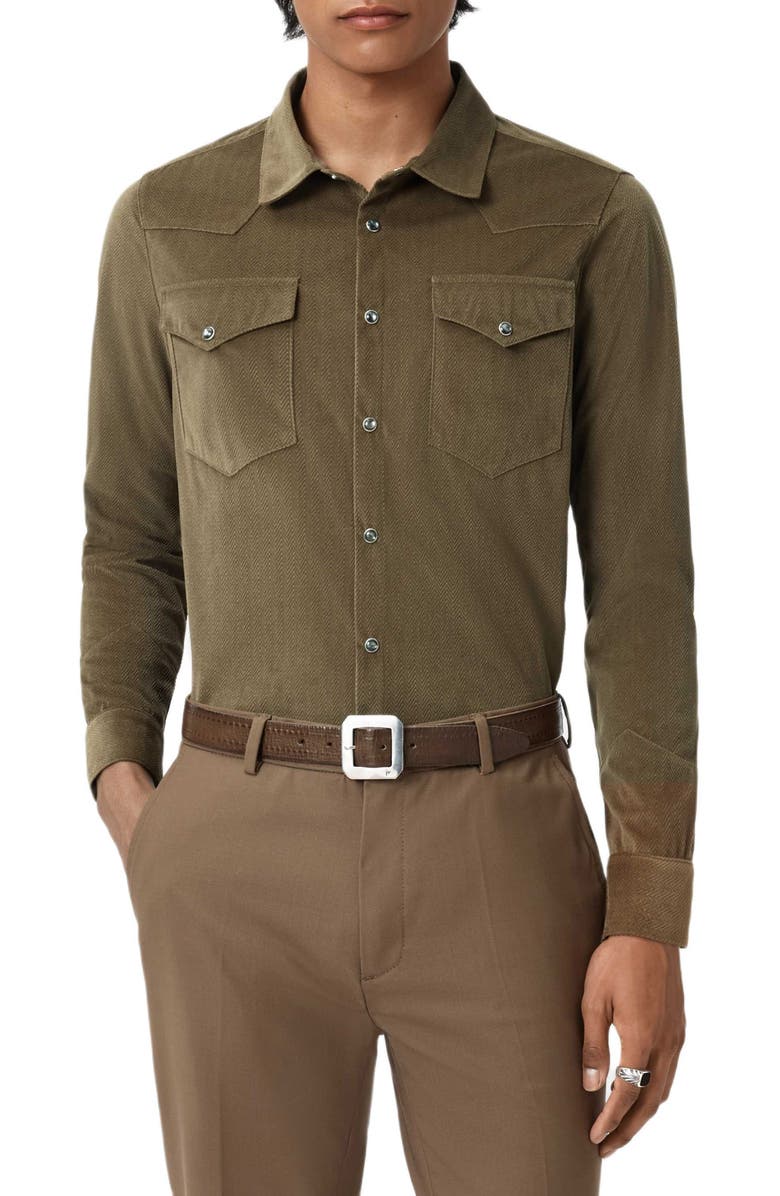 John Varvatos Andres Western Herringbone Faux Suede Snap-Up Shirt, Main, color, Fossil Grey