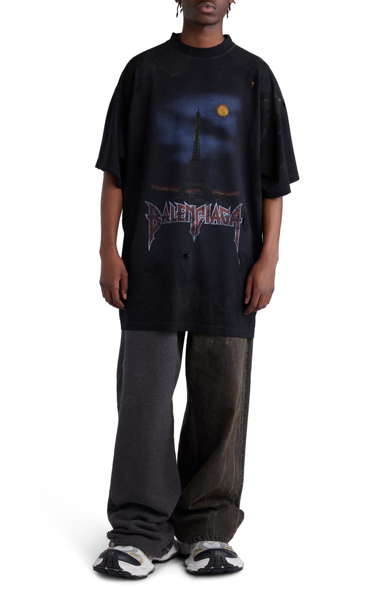 Paris Moon Oversize Distressed Cotton Graphic T-Shirt, Main, color, 1055 BLACK