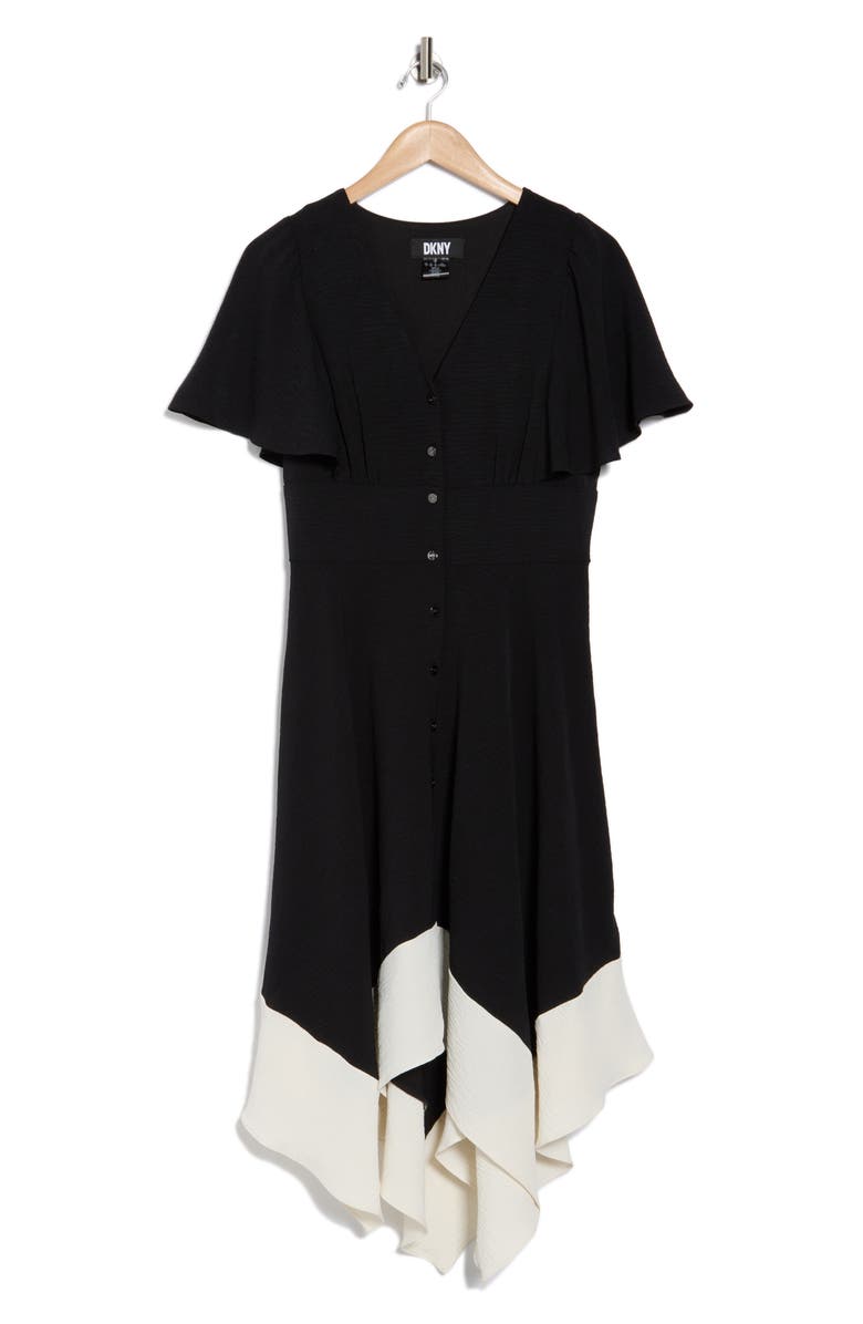 DKNY V-Neck Short Sleeve Handkerchief Hem Dress, Alternate, color, 
