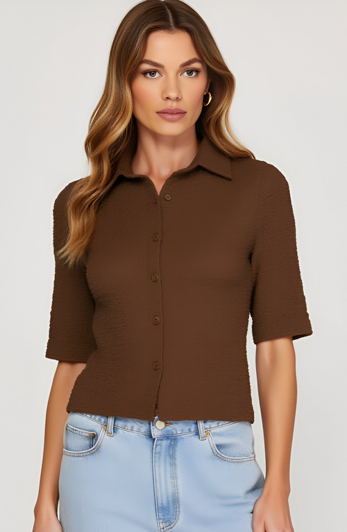 Modenaire Textured Button-up Collared Top In Brown