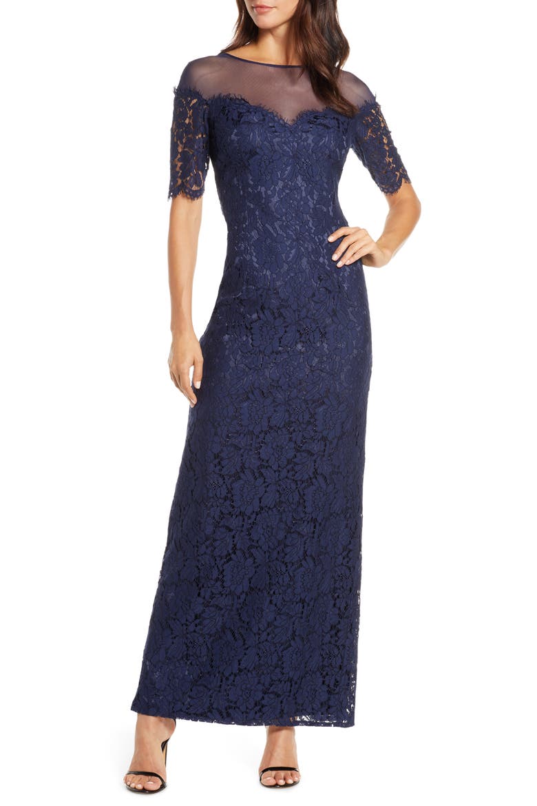 Illusion Top Lace Evening Gown, Main, color, NAVY