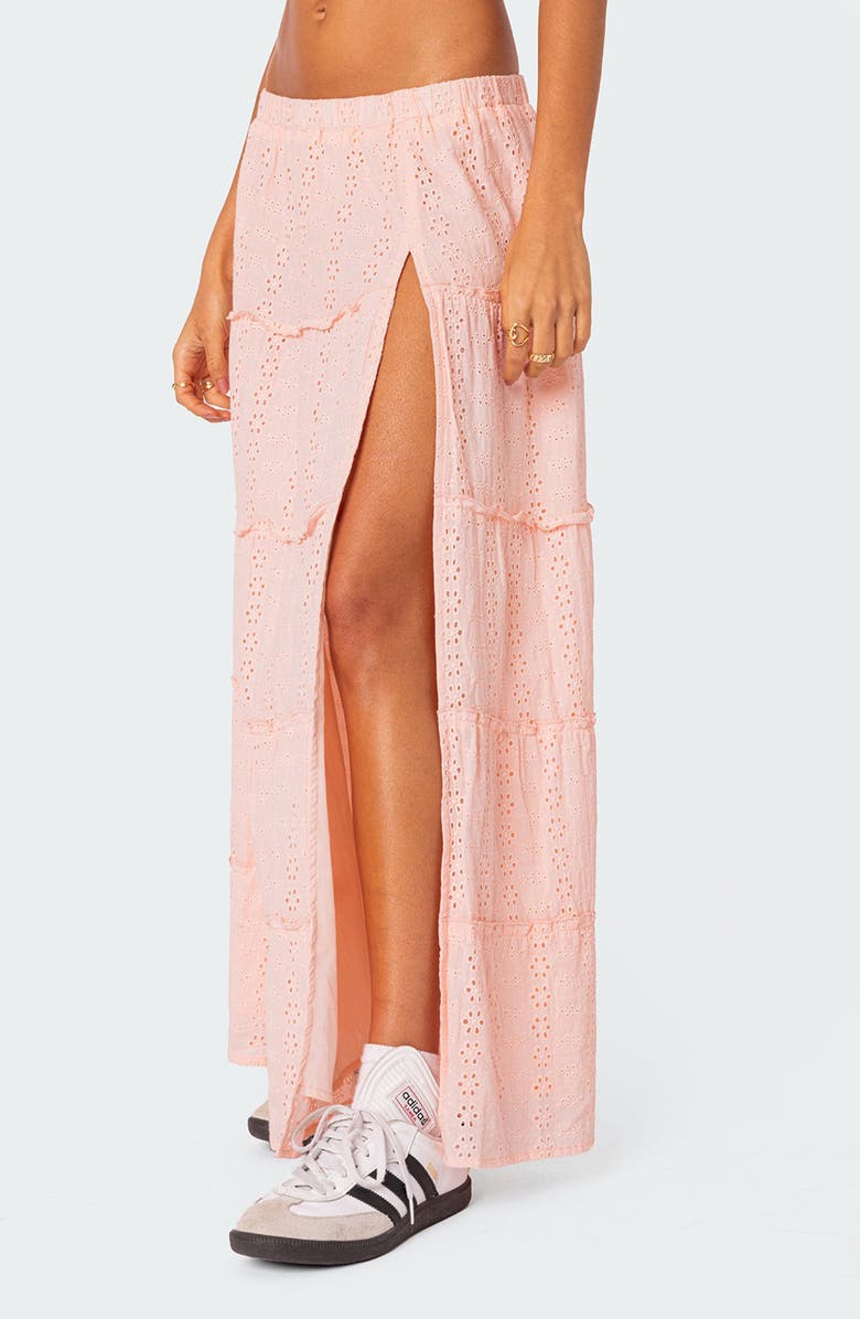 EDIKTED Tiered Cotton Eyelet Maxi Skirt, Alternate, color, Light-Pink