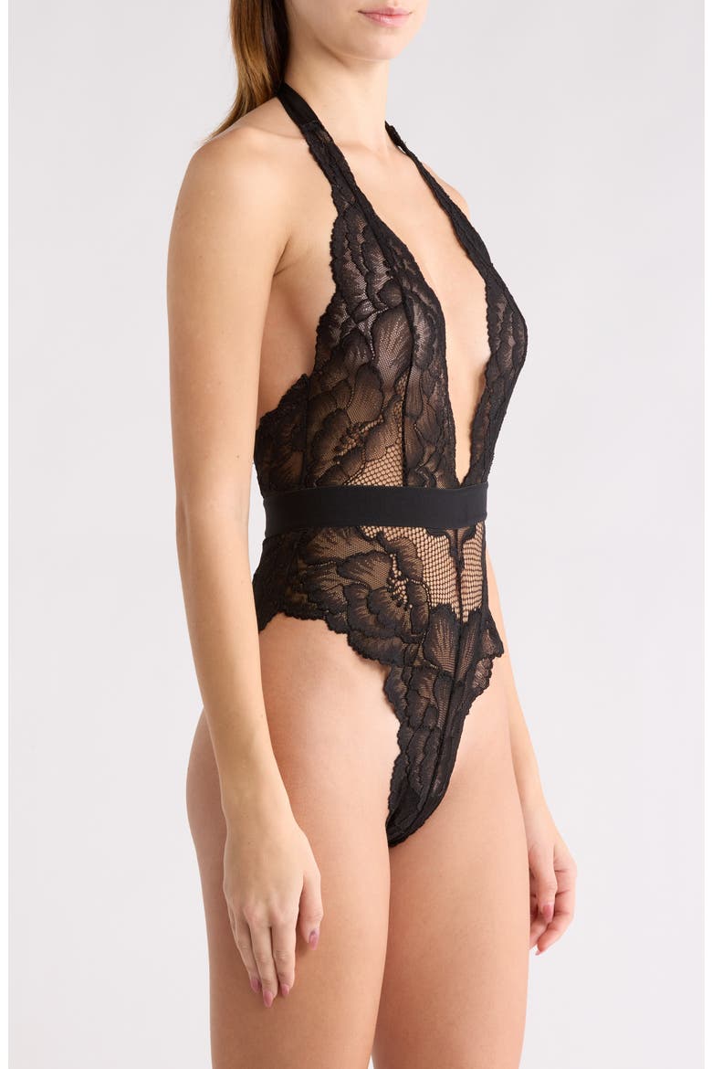 Floral Lace Halter Teddy, Alternate, color, BLACK