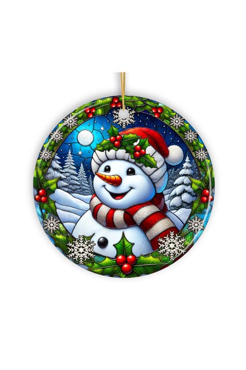 Holly Snowman Stained Glass Style Ornament - Version 2