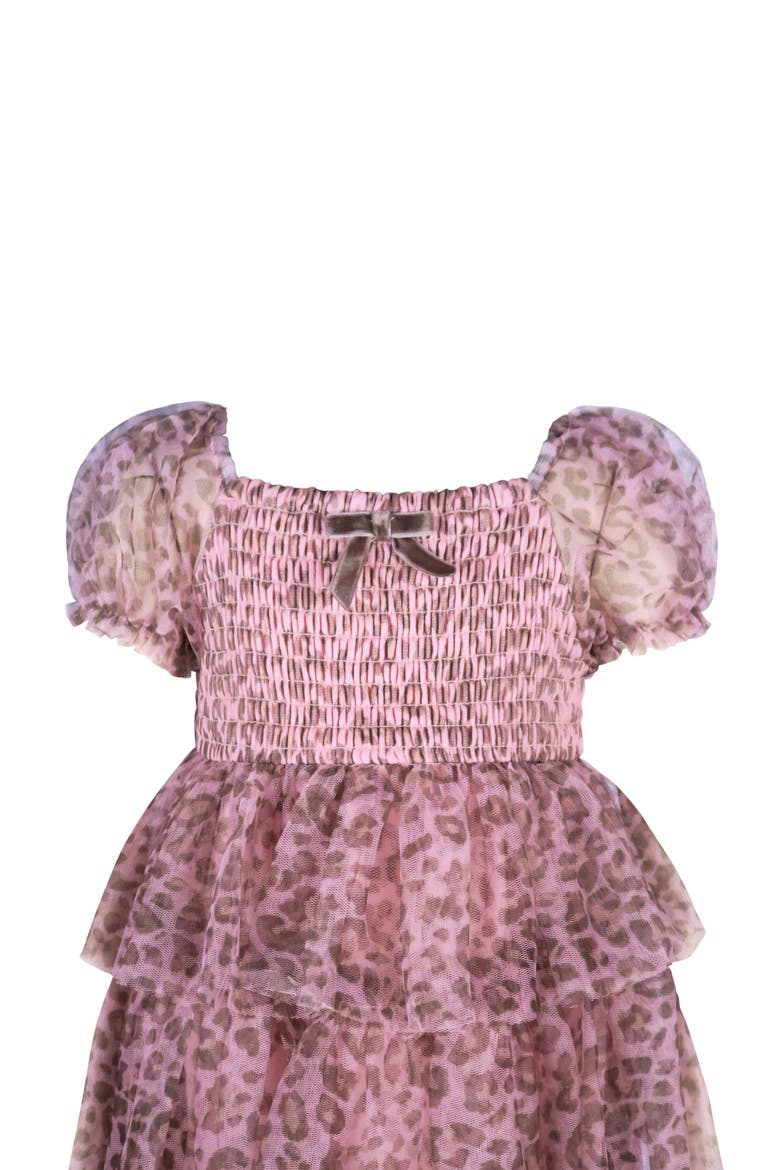 Animal Print Puff Sleeve Smocked Bodice Tiered Mesh Party Dress, Alternate, color, PINK/ BROWN