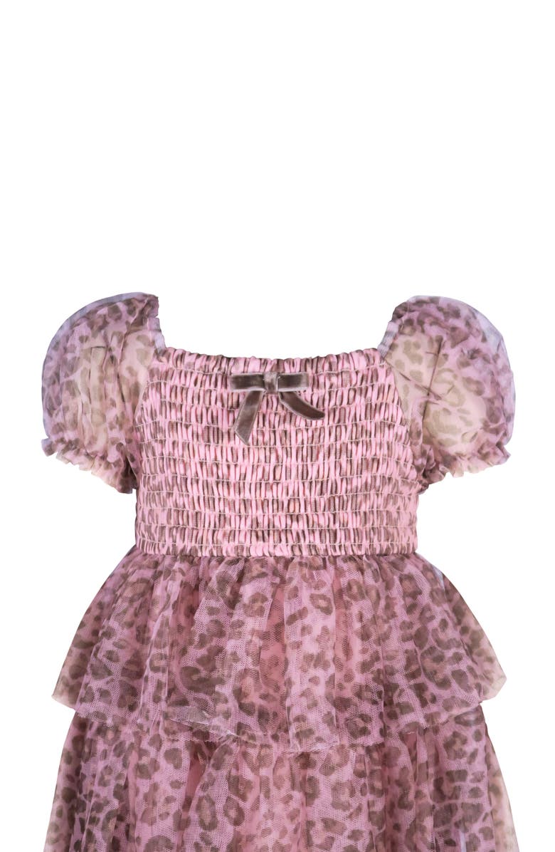 Zunie Animal Print Puff Sleeve Smocked Bodice Tiered Mesh Party Dress, Alternate, color, Pink/ Brown