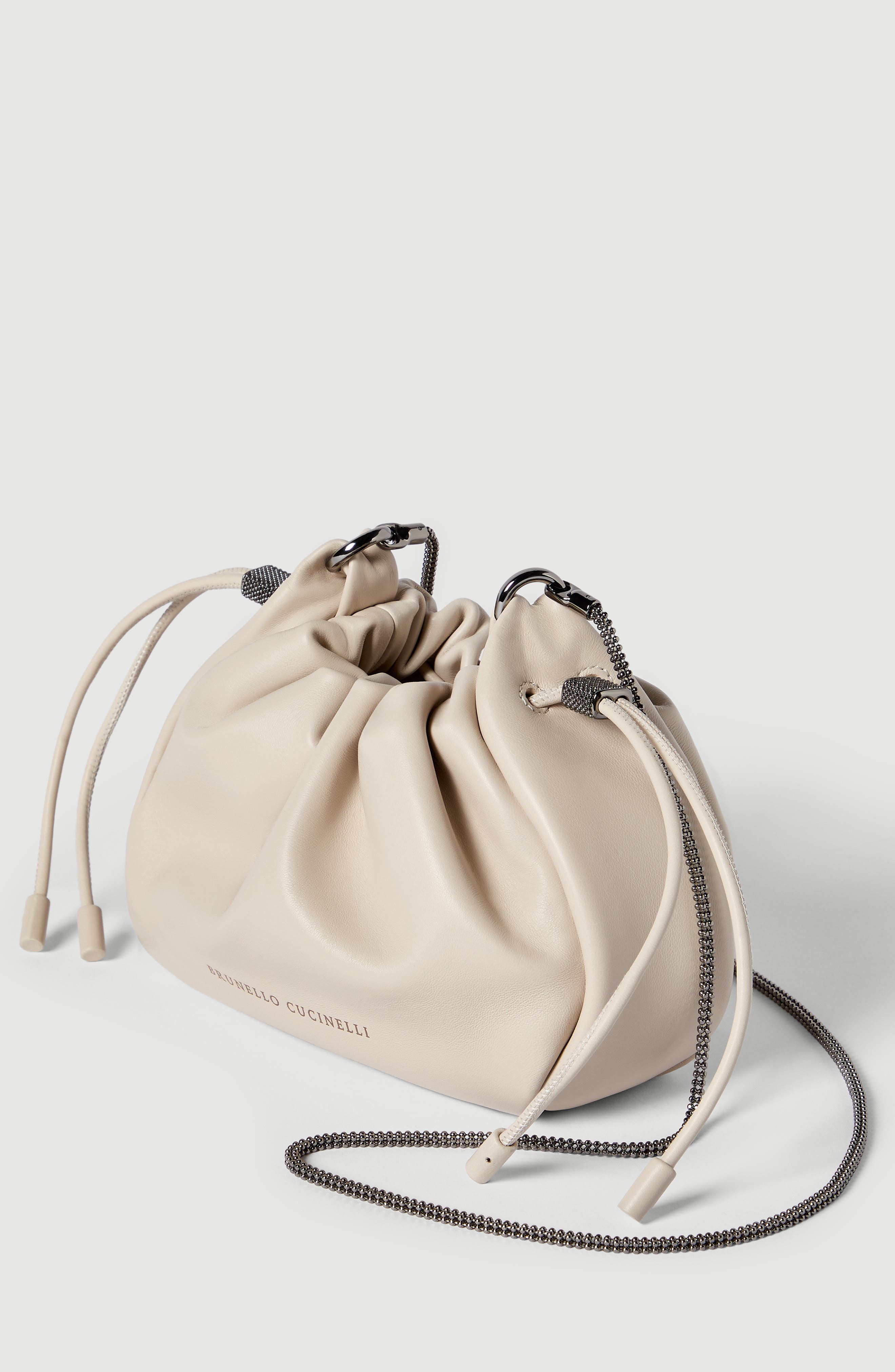 Brunello Cucinelli Soft leather mini Mellow Bucket bag, Alternate, color, Ivory