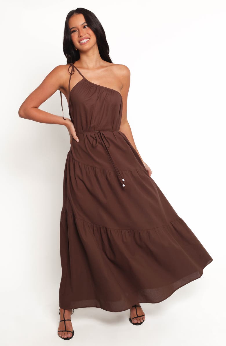 Petal & Pup Hilde One-Shoulder Cotton & Linen Maxi Dress, Alternate, color, Chocolate