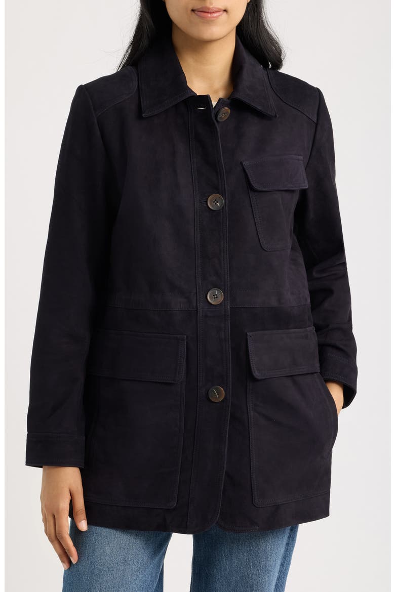 Cinched Waist Leather Suede Jacket, Alternate, color, NAVY