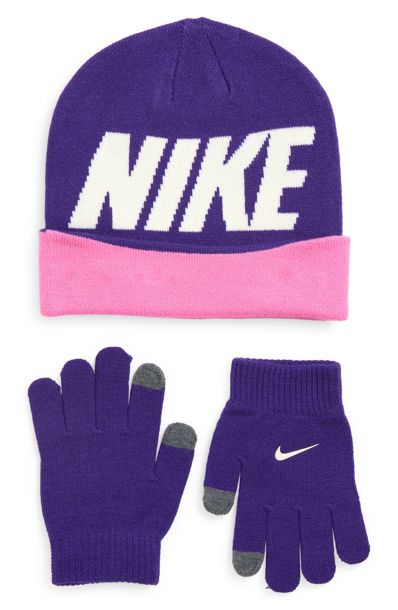 Nike Kids' Wordmark Colorblock Beanie & Gloves Set, Main, color, Field Purple