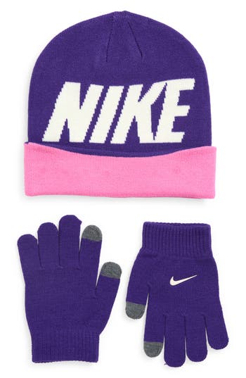 Nike Kids' Wordmark Colorblock Beanie & Gloves Set In Blue
