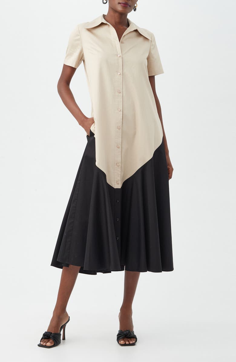 Trina Turk Neola 2 Colorblock Short Sleeve Organic Cotton Shirtdress, Alternate, color, Sahara Stone/ Black