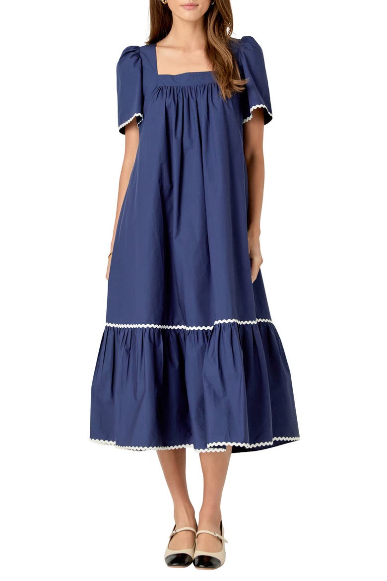 Rickrack Trim Midi Dress, Main, color, NAVY