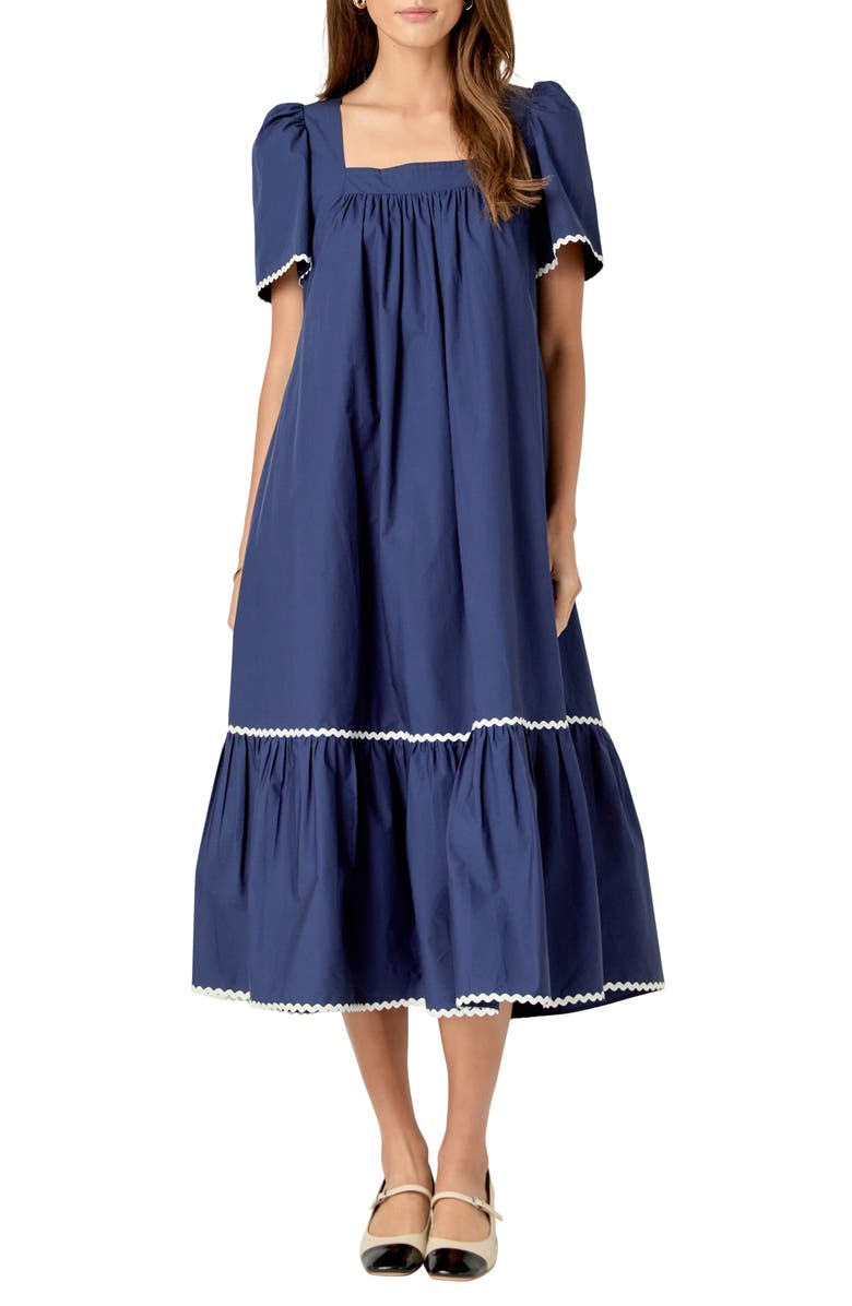 English Factory Rickrack Trim Midi Dress, Main, color, Navy