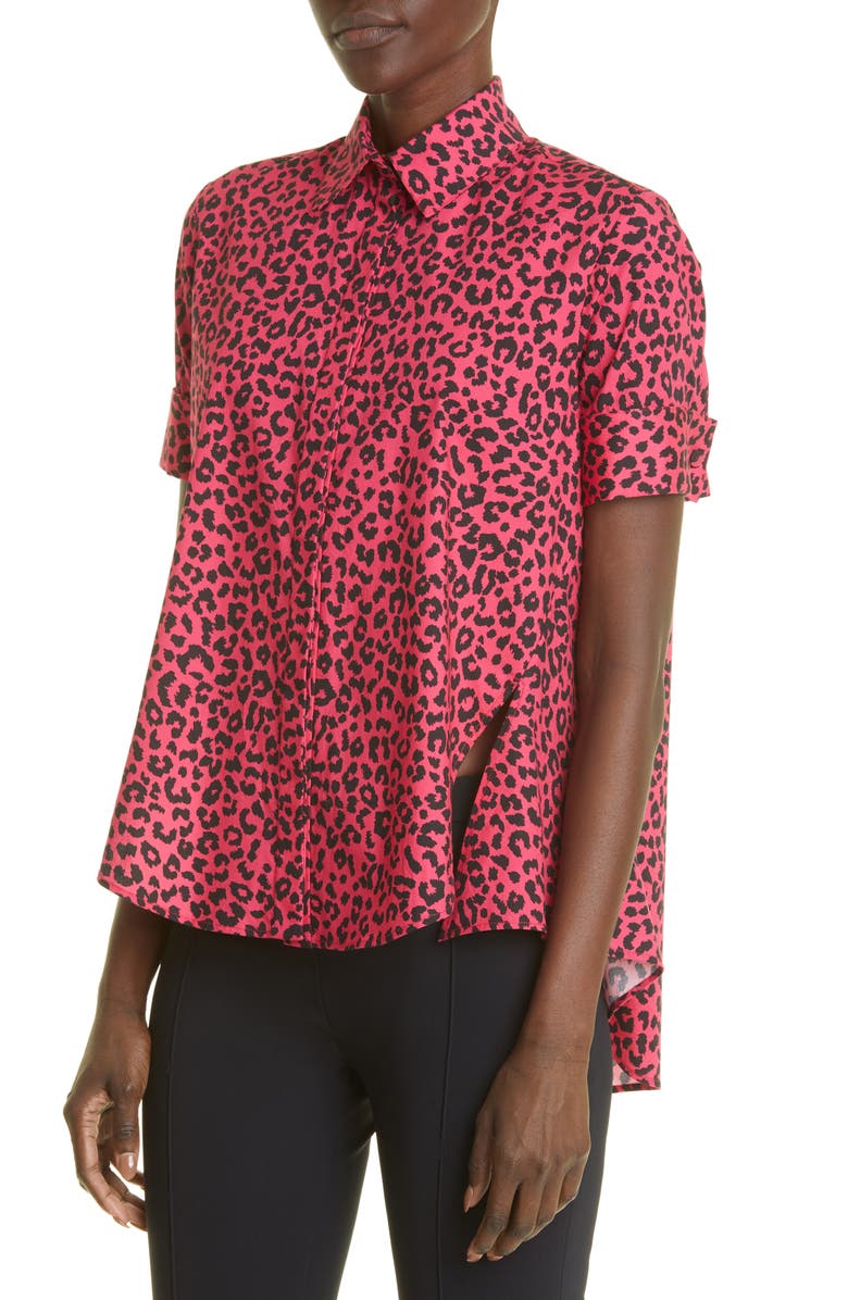 Adam Lippes Animal Print High-Low Stretch Cotton Button-Up Blouse, Alternate, color,