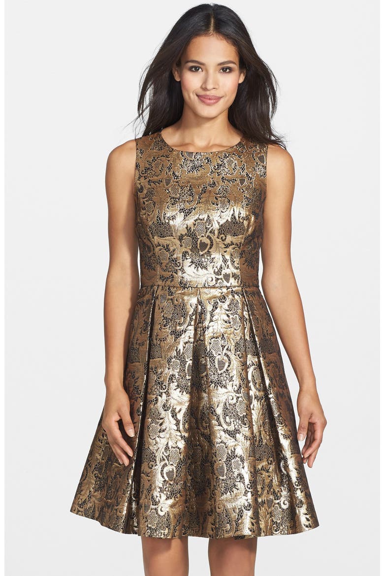 Metallic Jacquard Fit & Flare Dress, Main, color, BLACK/ GOLD