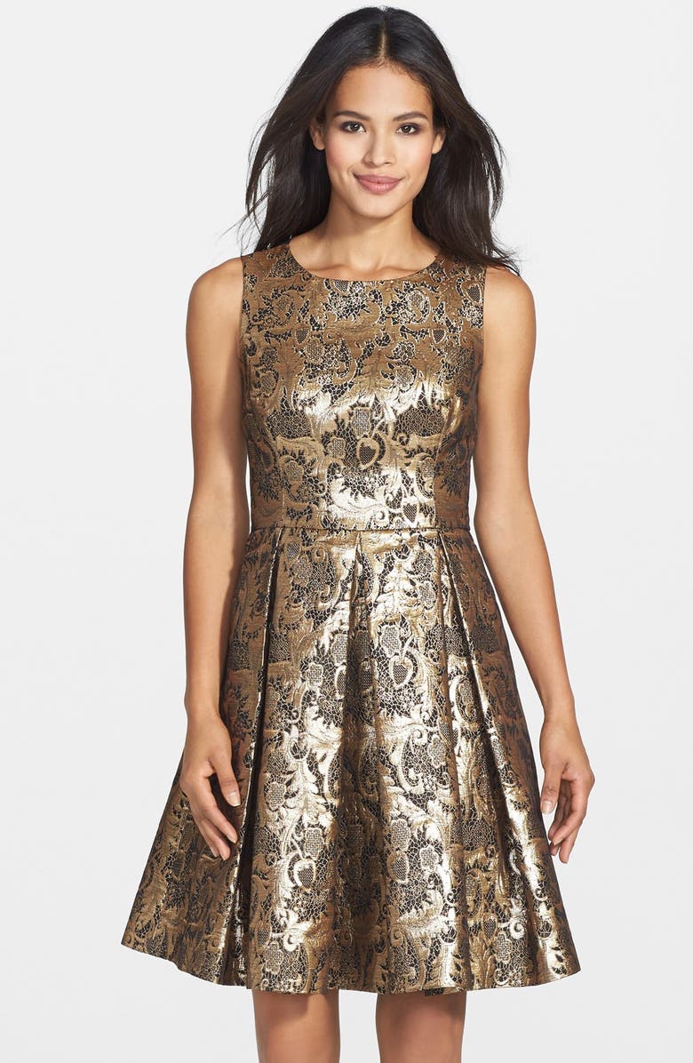 Eliza J Metallic Jacquard Fit & Flare Dress, Main, color, 