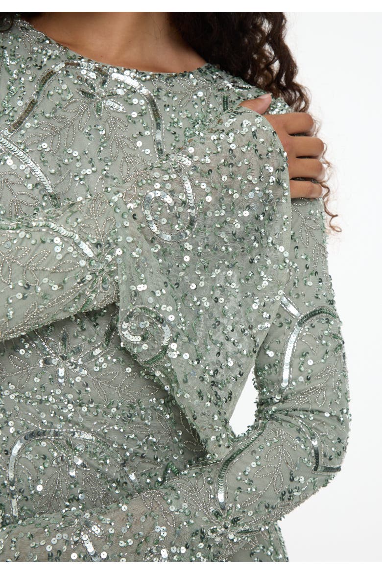 Modest Embellished Sequin Beaded Dress Maxi With Ribbon on Sleeves, Alternate, color, SAGE GREEN