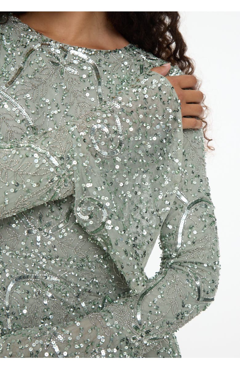 MARYISA Modest Embellished Sequin Beaded Dress Maxi With Ribbon on Sleeves, Alternate, color, Sage Green