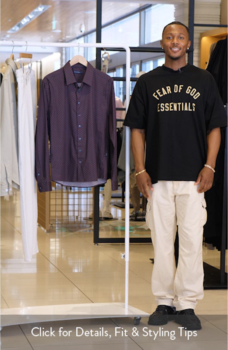 Skull Print Stretch Woven Button-Up Shirt, sales video thumbnail