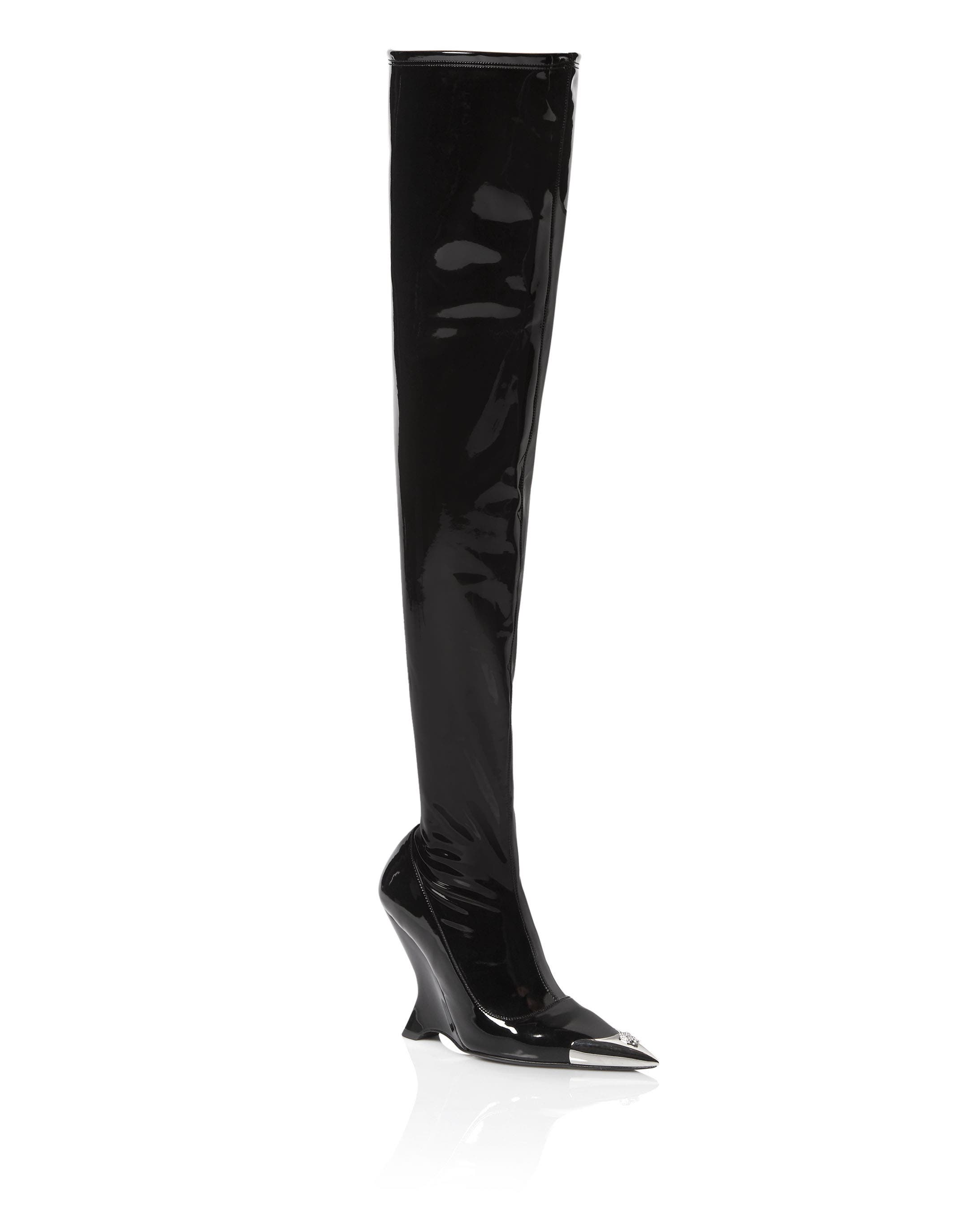 Latex Boots Low Heels Overknee Women, Main, color, black
