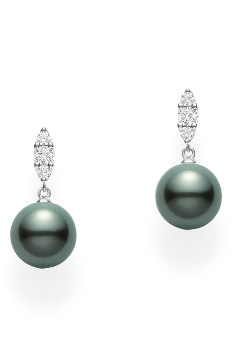 Morning Dew Cultured Pearl & Diamond Drop Earrings