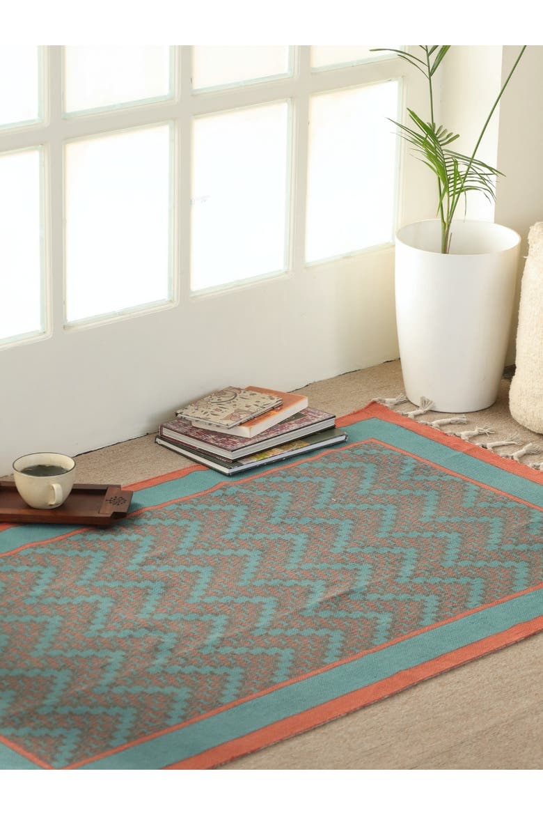 Chintz Cotton Rug, Alternate, color, Teal and Coral