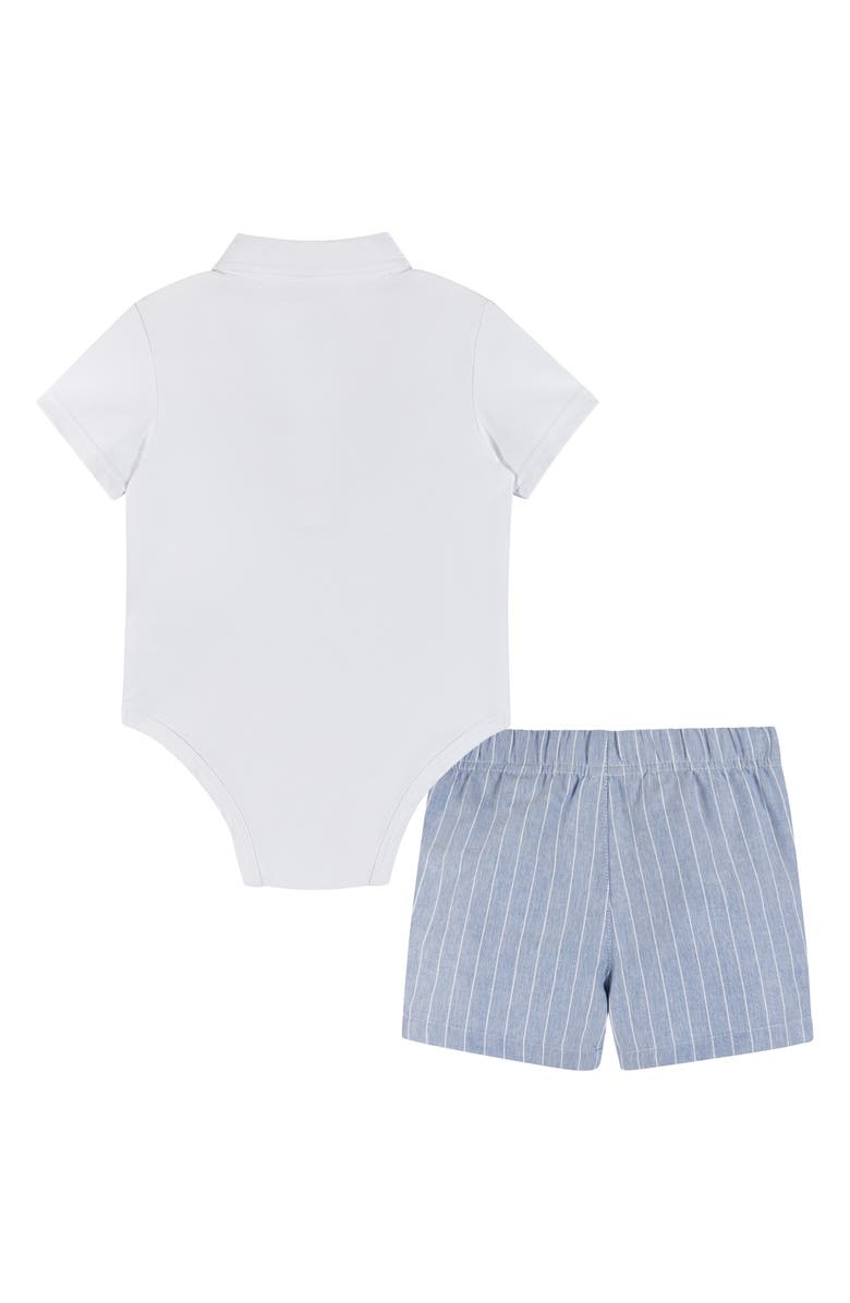 Andy & Evan Stripe Short Sleeve Button-Up Chambray Bodysuit, Shorts & Bow Tie Set, Alternate, color, 