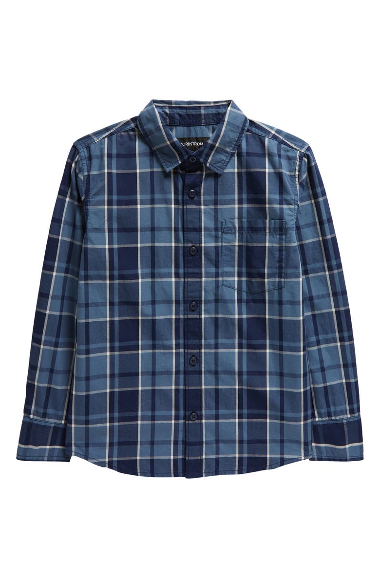 Nordstrom Kids' Stripe Poplin Button-Up Shirt, Main, color, Navy Peacoat Plaid