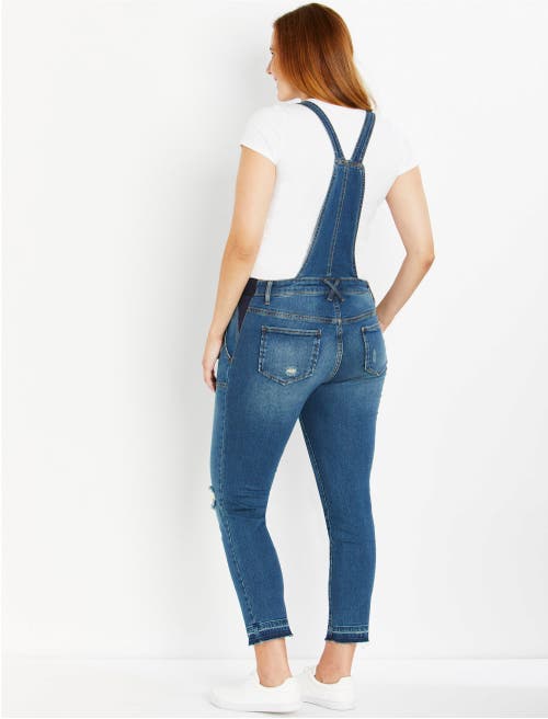 Motherhood Maternity Indigo Blue Side-panel Letdown Skinny Ankle Denim Overalls In Blue
