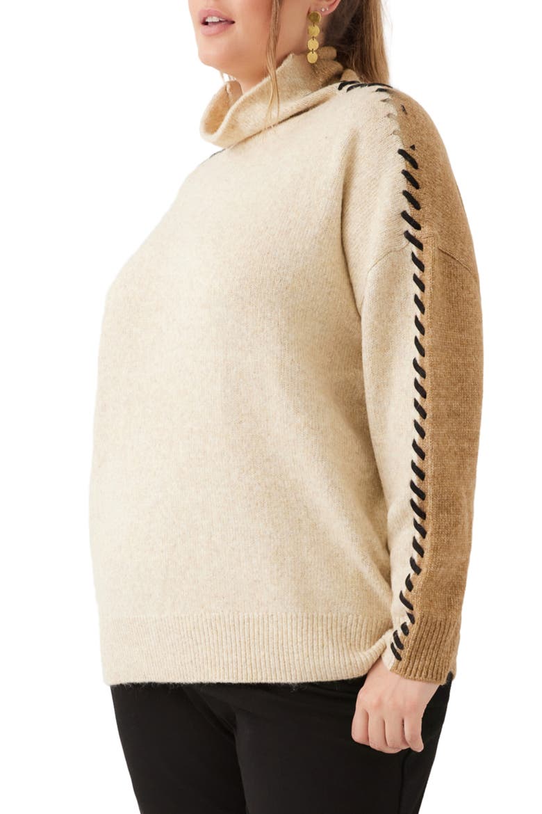 Contrast Stitch Mock Neck Sweater, Alternate, color, OATMEAL/ CAMEL