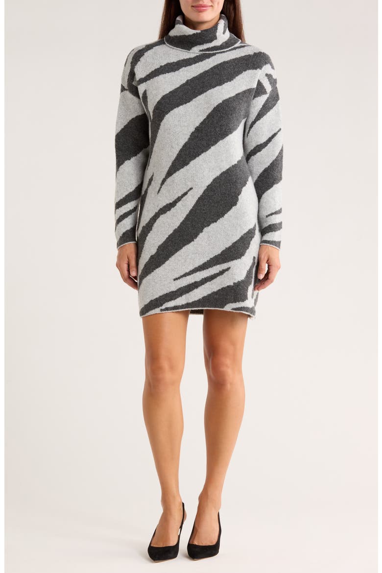 Zebra Stripe Long Sleeve Turtleneck Sweater Dress, Main, color, GREY