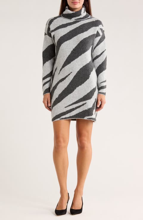 Zebra Stripe Long Sleeve Turtleneck Sweater Dress