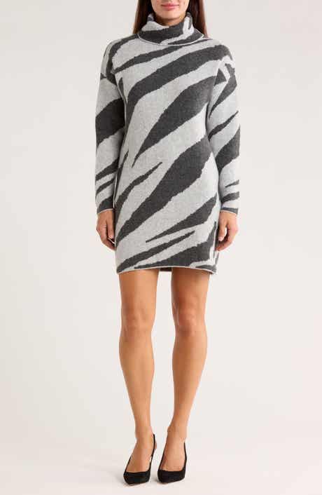 Blu Pepper Zebra Stripe Long Sleeve Turtleneck Sweater Dress