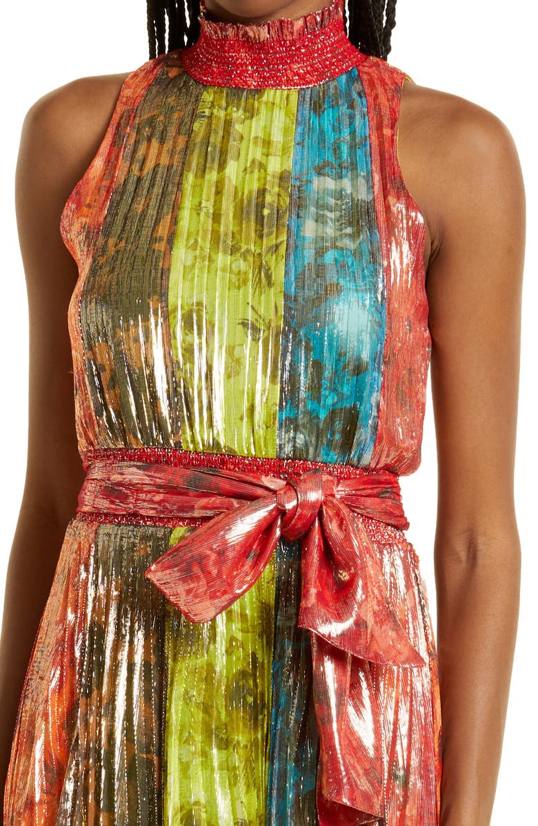 Alice + Olivia Mertie Metallic Stripe Floral Maxi Dress, Alternate, color, 