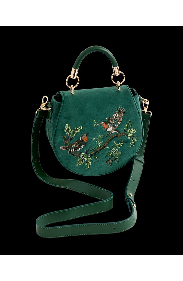 Fable England Robin Love Embroidered Saddle Bag Fern Green Velvet, Alternate, color, Green