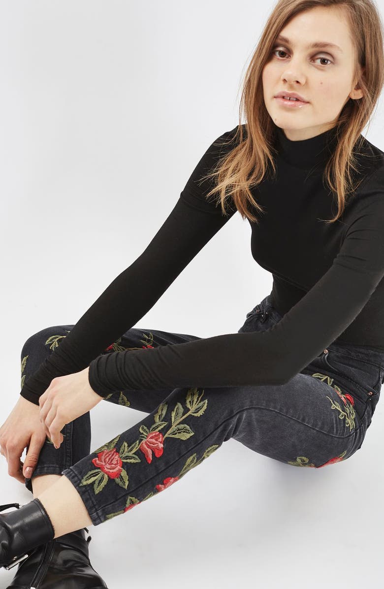 Topshop Mom Rose Embroidered Jeans, Alternate, color, 