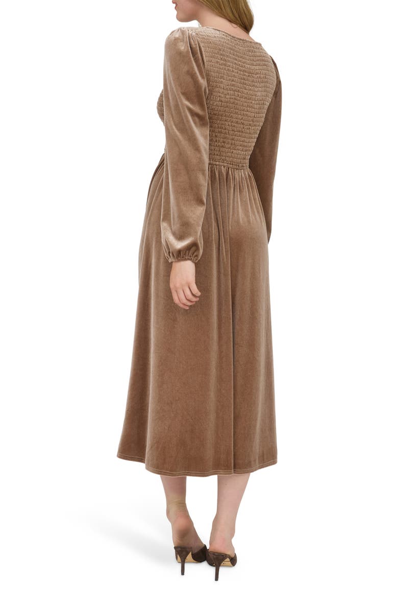 Long Sleeve Smocked Velvet Midi Dress, Alternate, color, MOCHA