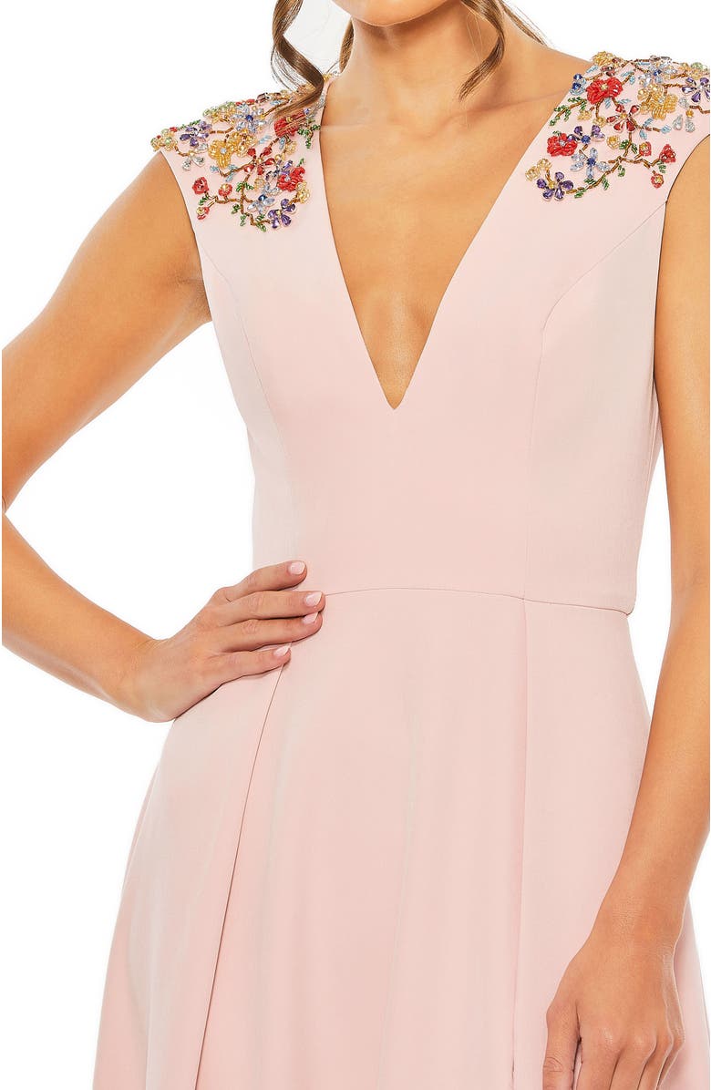 Mac Duggal Beaded Cap Sleeve V Neck A Line Gown, Alternate, color, Rose Pink