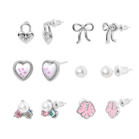 Celebrity Pink Bow And Heart Stud Earrings Pack Of 6, Silver Tone