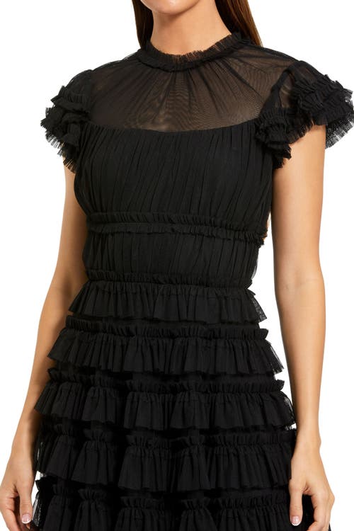 Mac Duggal Solid Mesh Dot Micro Ruffle High Neck Midi Dress In Black